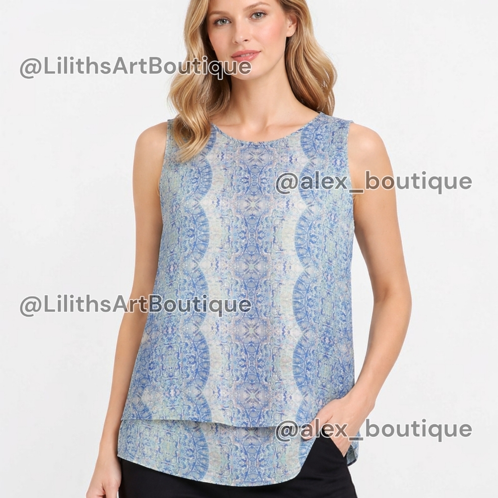 Cremieux Sleeveless Layered Blue Medallion Print Blouse Size L (L034)